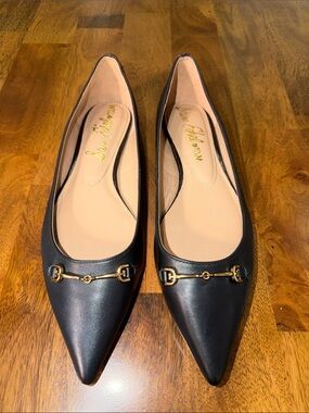 Sam Edelman Black Pointed Leather Flats with Gold Bit Detail